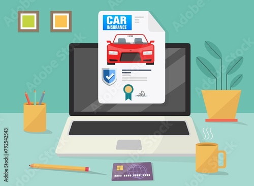 Assicurazione auto  car pagamento online da portatile laptop computer  con carta di credito al tavolo 