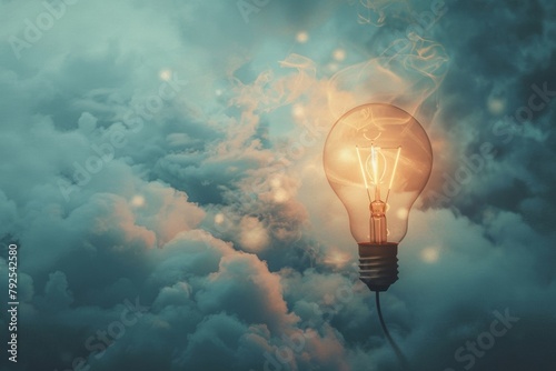 Glowing lightbulb rising amongst moody clouds, conceptualizing a great idea and the path to success