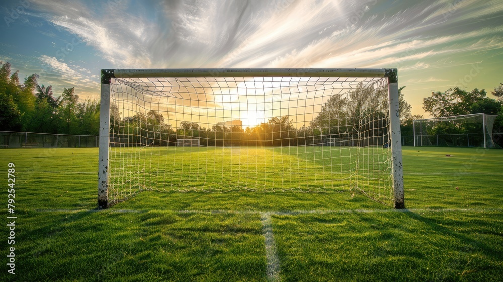 Soccer/football ball in front of empty goal at sunset
