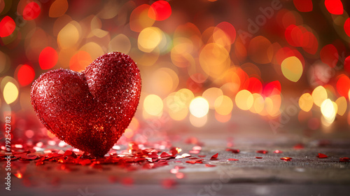 Romantic abstract glitter background with red sparkling hearts. Bokeh backdrop. Valentine's day concept ,Valentines Red Hearts On Shiny Glitter Background With Defocused Abstract Lights 
