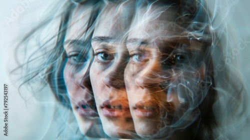 fractured portrait of a person struggling with dissociation, with their features duplicated and blurred.
