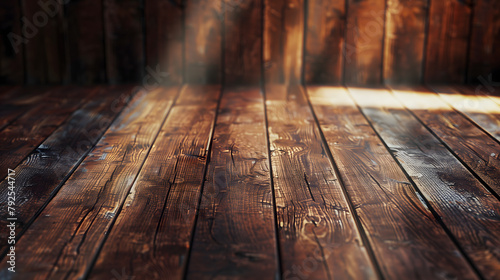 The magic of golden hour is captured in the beams of light streaming across weathered wooden planks, creating a tranquil and inviting atmosphere. 