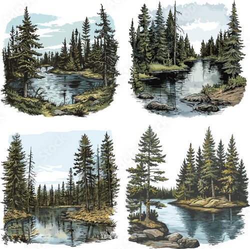 Engraving illustration Set of Lake spruce forest landscape isolated on white background