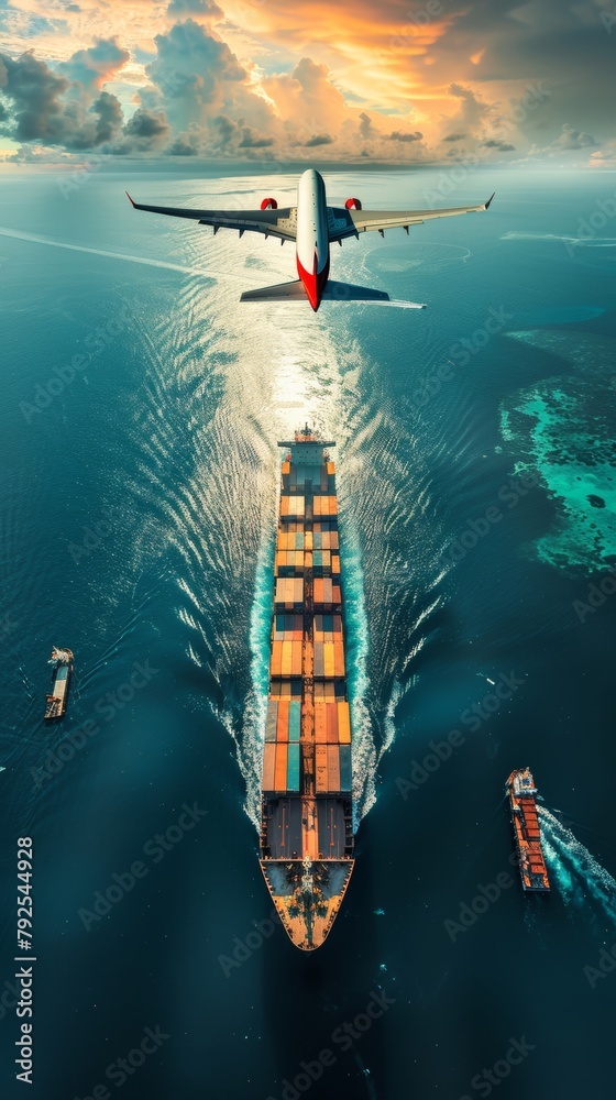 Obraz premium Stunning aerial view of a cargo ship and airplane, showcasing the beauty of logistics and travel over the ocean