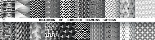 Geometric set of seamless black and white patterns. Simple vector graphics.