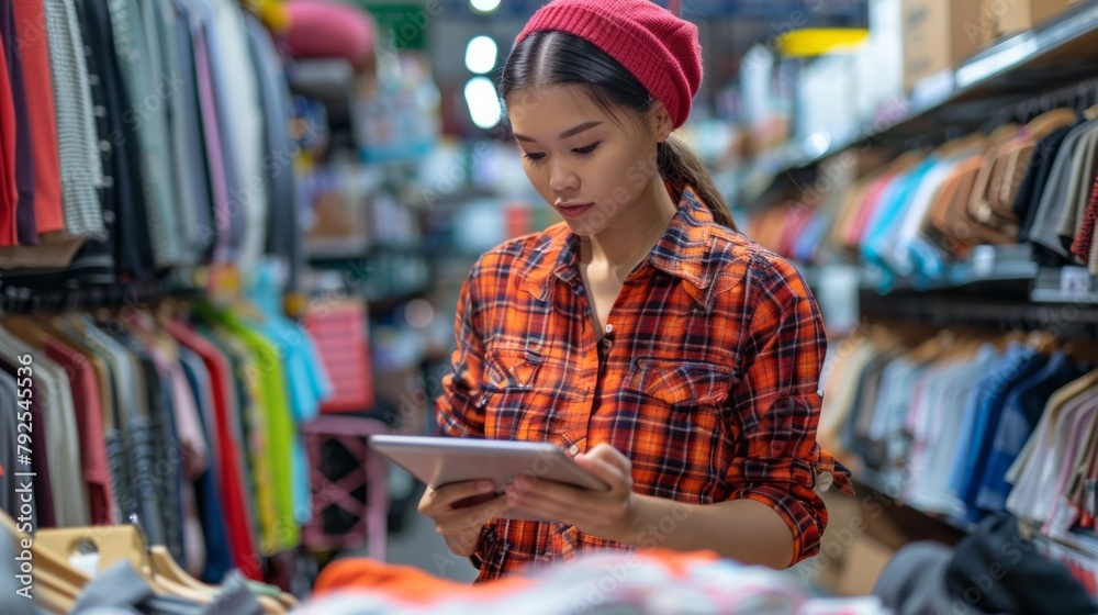 A woman is looking at a tablet in a clothing store A woman is looking at a tablet in a clothing store