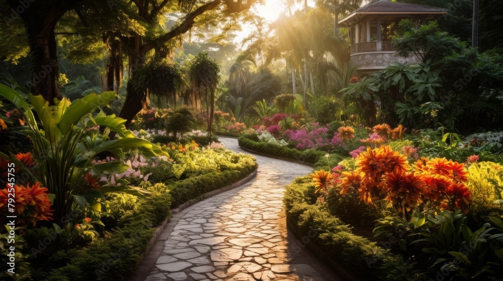 A winding pathway in a garden surrounded by vibrant flowers and tall trees