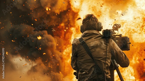 War reporter concept image with back of a reporter with written press in front of explosion and fire photo