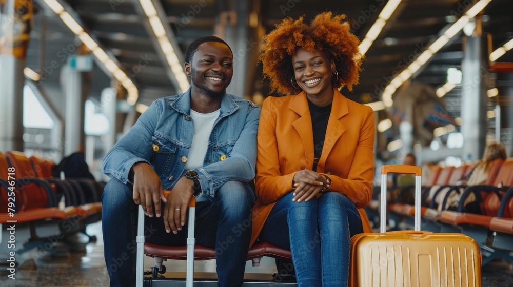 Young good-looking black Afro American couple sitting with suitcases at airport for international departure travel , happy smiling people