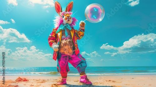 A lively and charming 3D bunny, brimming with personality, placed in front of a serene sky blue background. photo