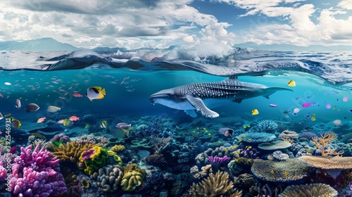 From beneath the ocean s surface  a split view unveils the enchanting scene of a whale gliding alongside an array of colorful marine life  showcasing the dynamic harmony of underwater ecosystems.
