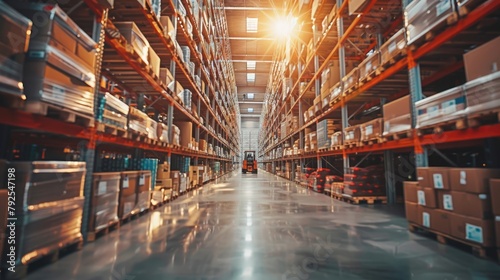 A retail warehouse full of shelves with merchandise in boxes. With pallet and forklift and sunlight Logistics and transportation, blurred background Distribution center.