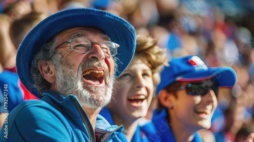 candid photo of French father and son in stands, filled with enthusiastic supporters of rugby or football team wearing blue clothes to support national sports team  photo