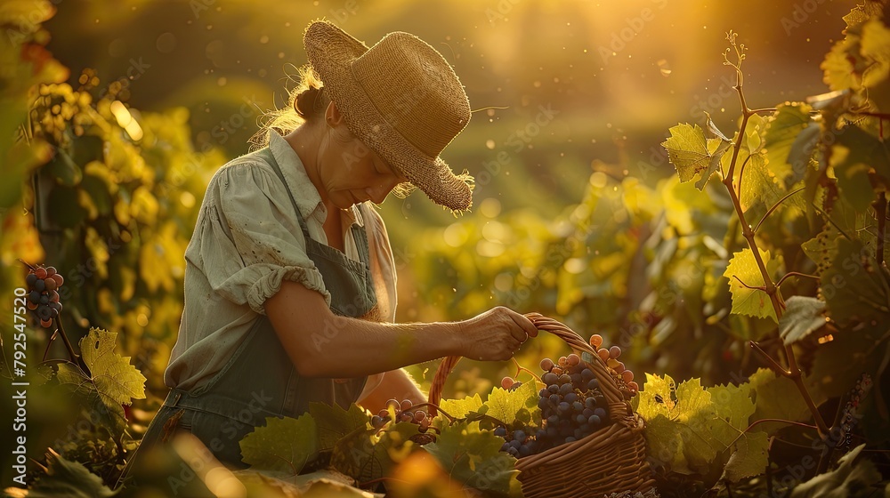 An older woman harvesting grapes in his vineyard at sunset