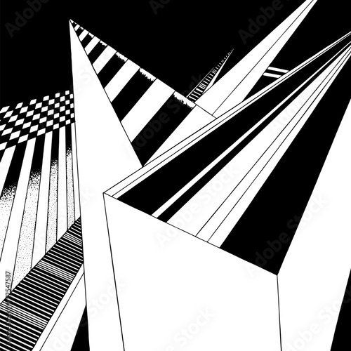 Illusion effect with white and black psychedelic background. Digital pattern with abstract line perspective lines. Optical 3d, vector. Dynamic graphic. Art motion design in retro y2k monochrome style