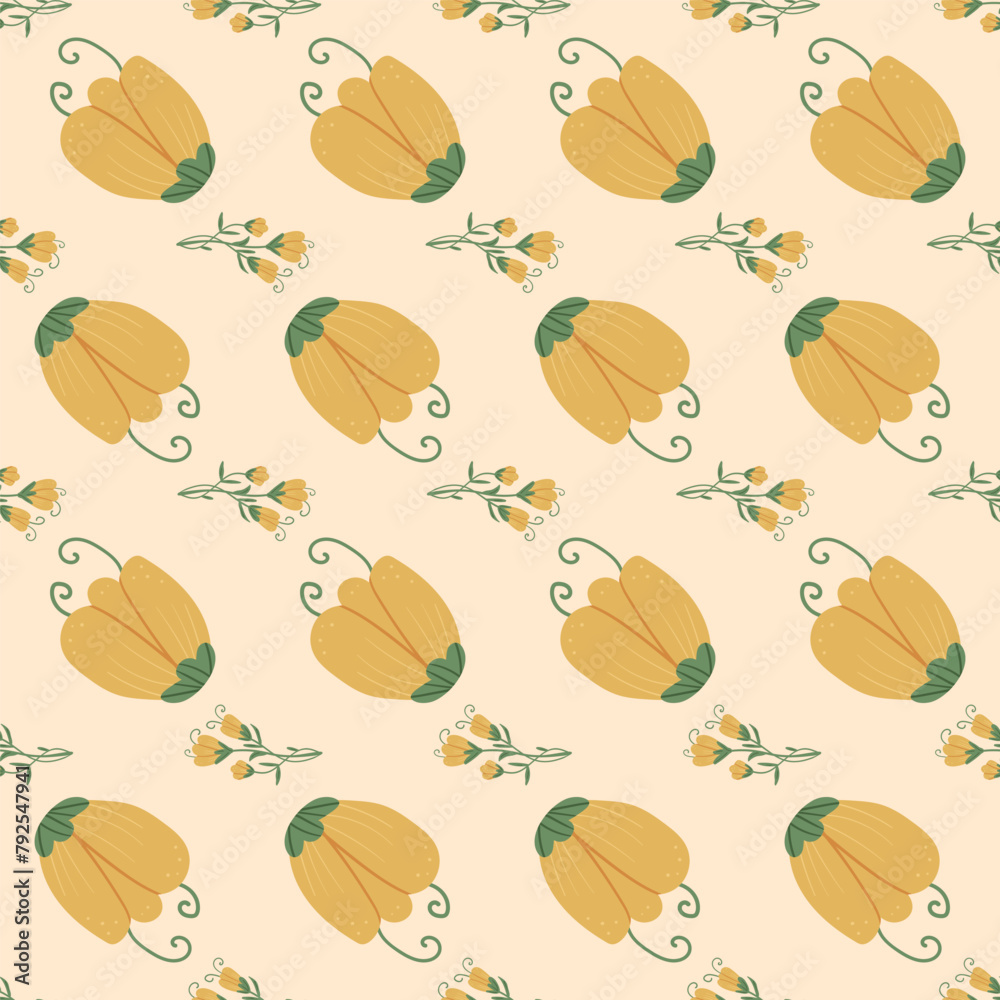 Crocus seamless pattern. Floral endless background. Flower and foliage loop tiled ornament Summer botanic repeat cover. Vector hand drawn illustration.