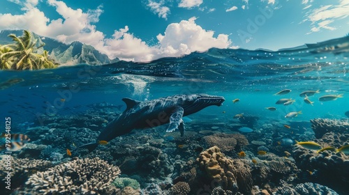 In the depths of the ocean, a captivating split view showcases the awe-inspiring sight of a whale swimming harmoniously amidst a bustling underwater ecosystem.