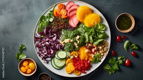 A variety of colorful vegetables arranged beautifully on a white plate