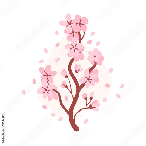 Sakura tree branch. Floral composition. Japanese cherry blossom simple element. Vector flat hand drawn illustration.