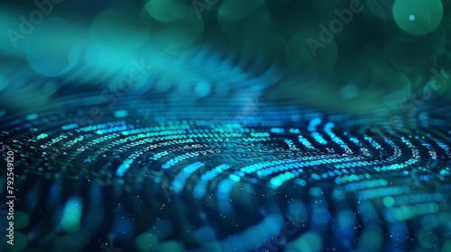 Vibrant shades of blue and green blend together in a blurred background creating a cyber fingerprint design representing the importance of protecting personal information in a digital .