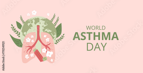 World asthma day template. Annual health awareness background. Inhaler with lungs emblem. Planet Earth and green decoration. Vector illustration.