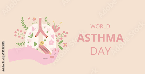 World asthma day template. Annual health awareness background. Inhaler with lungs and flowers in human hands emblem. Vector flat illustration