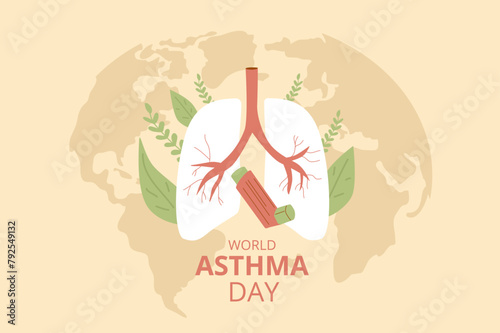 World asthma day template. Annual health awareness background. Inhaler with lungs emblem on map. Vector illustration.