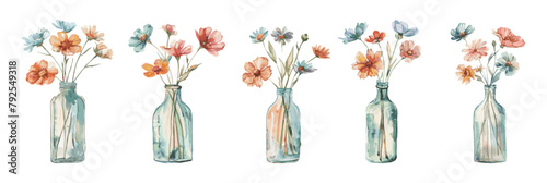 Watercolor flowers in a transparent glass vase. Vintage bouquet with spring flowers and leaves for invitation, card, poster, frame, wedding, decoration, etc.
