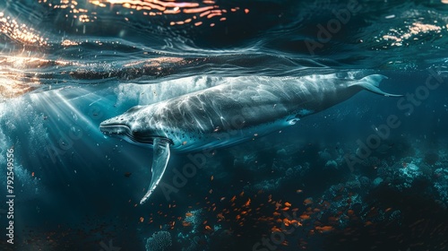 In the depths of the ocean, a captivating split view showcases the awe-inspiring sight of a whale swimming harmoniously amidst a bustling underwater ecosystem. © kaitanan