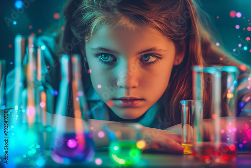 Girl observing a colorful chemical reaction photo