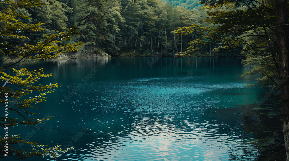 Blue lake among tranquil woods to relax with calm 