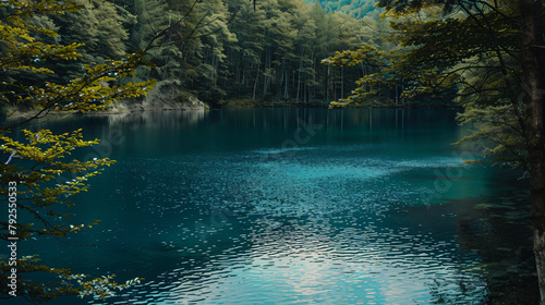 Blue lake among tranquil woods to relax with calm 