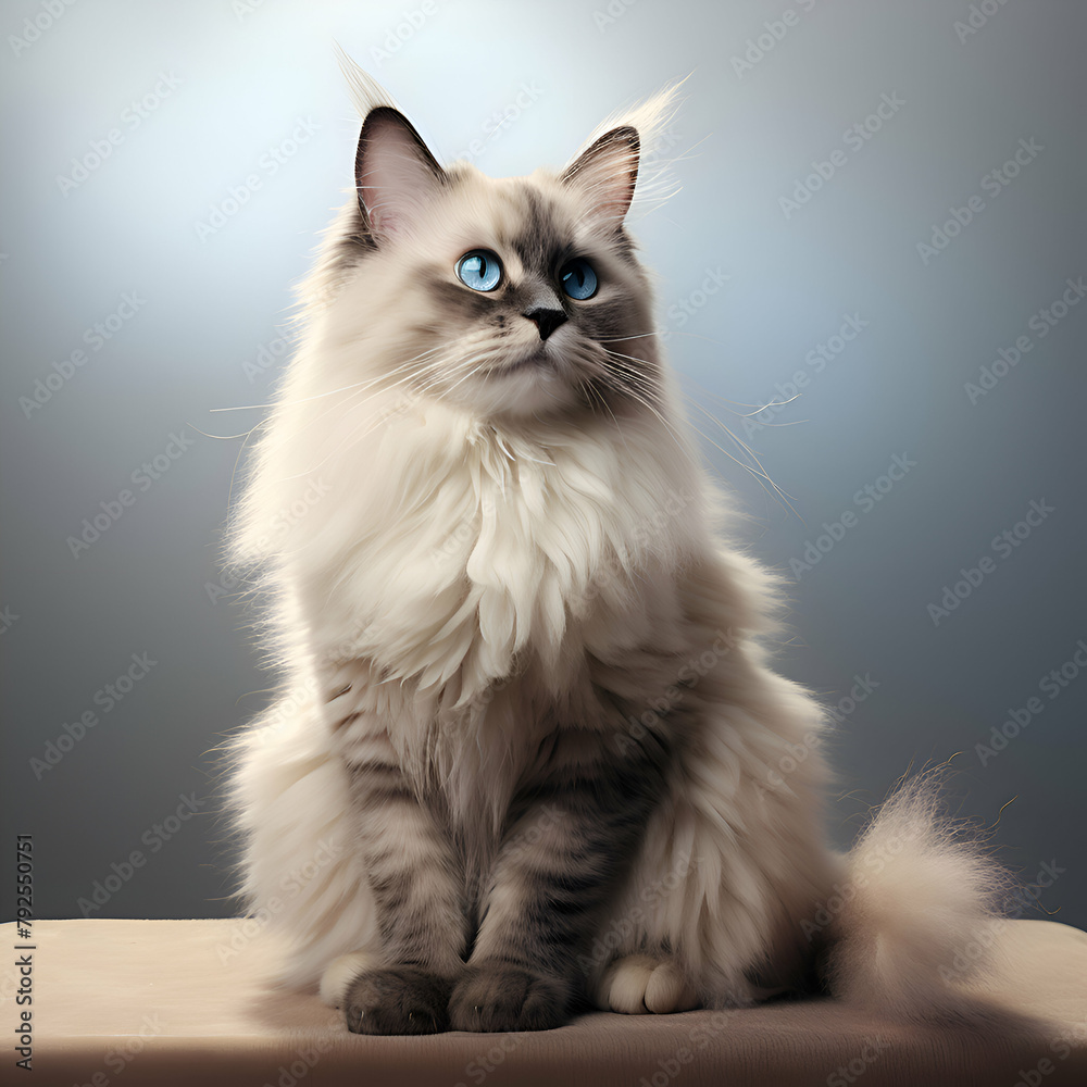 Beautiful long haired ragdoll cat with blue eyes.