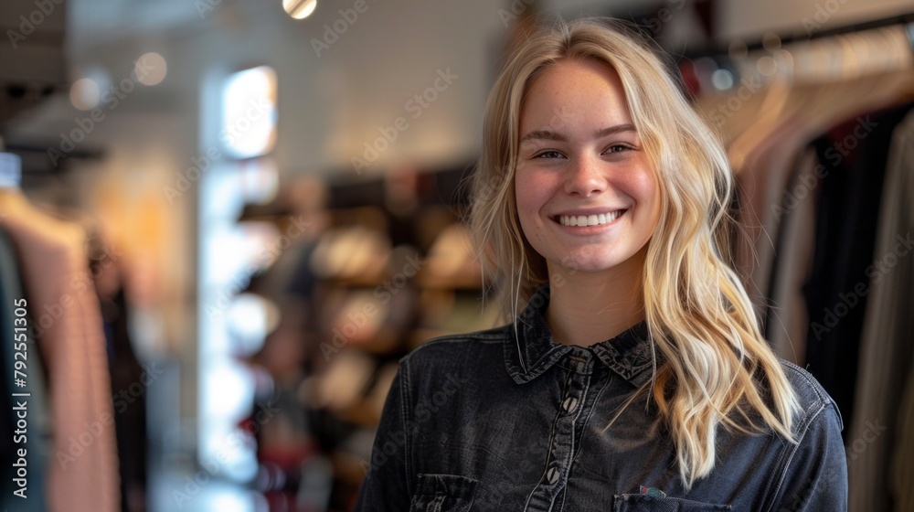 A woman is smiling in a store with clothes on display