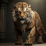 Siberian tiger standing in front of a dark background. 3d rendering.