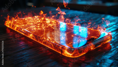 Fireflame on screen from mobile phone lies on table,neon lights,black background,generative ai photo