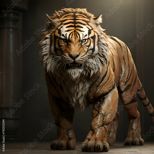 Siberian tiger standing in front of a dark background. 3d rendering. © Wazir Design