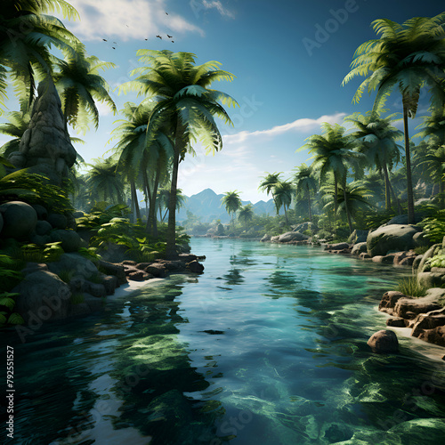 Palm trees on a tropical island in the sea. 3d render