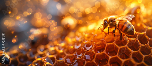Close up of honey, bee and honeycomb. Healthy and natural food background.