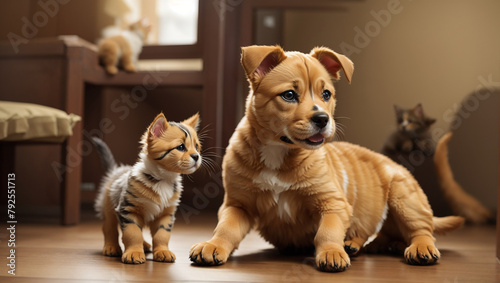 A brown and white puppy dog is lying on the floor next to a tiny kitten. The puppy has a collar on and is looking at the kitten. The kitten is looking up at the puppy.   © Muzamil