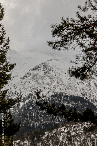 Snowy mountain with trees, cloudy sky, and a natural landscape in the foreground