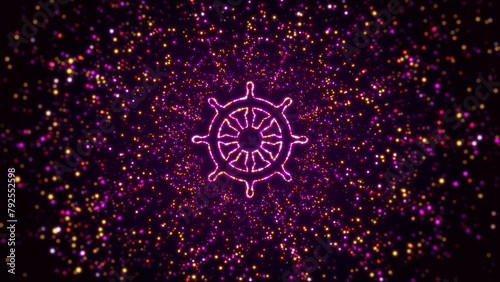 Abstract Digital Space Dark Shiny Purple Yellow Glowing Dharma Wheel Buddhism Symbol Border Frame With Glitter Sparkle Dots And Lines
