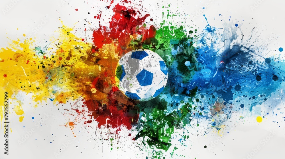 An artistic splash of colors representing each nation's flag, merging at the center around a football. 