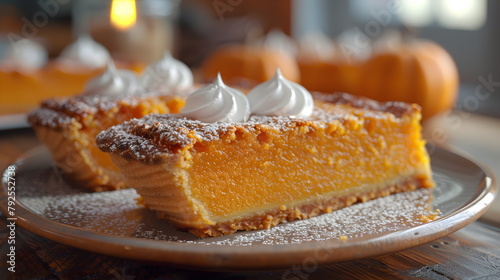 Pumpkin pie, Thanksgiving pie. Festive pie with whipped cream on a plate, on a background of pumpkin. Autumn meal, homely cozy atmosphere photo
