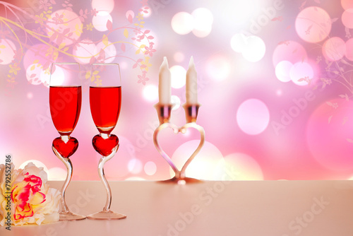 Happy Valentines or Mothers Day template. Decorative composition of glasses of champagner, flowers, candles on table over abstract spring background. Card design.