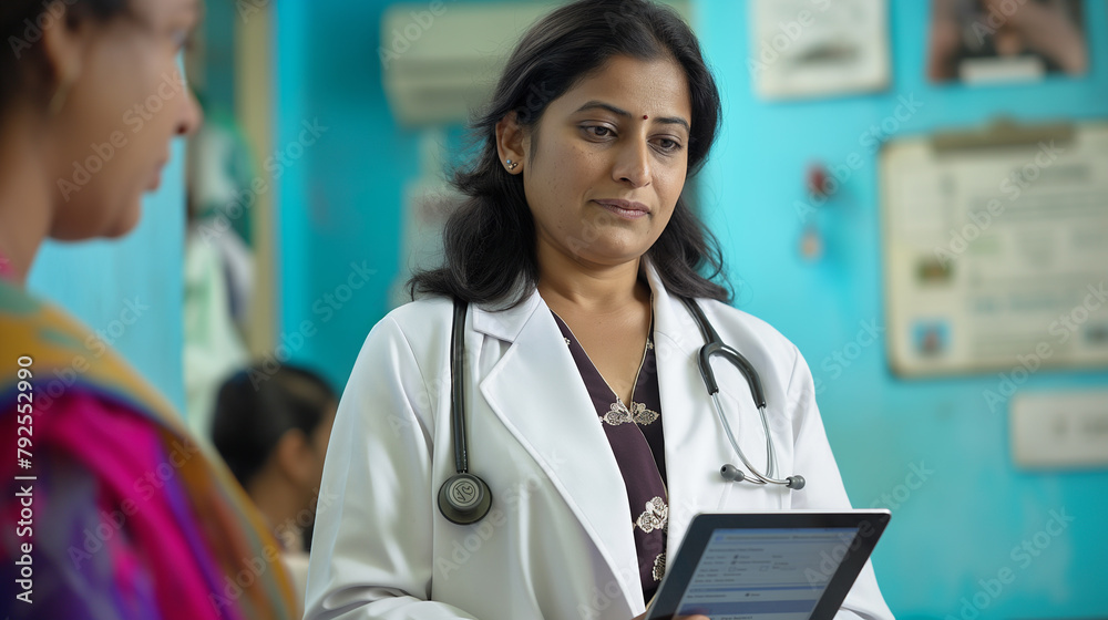 Amidst the bustling atmosphere of a clinic, a distinguished female doctor engages with her digital tablet Amidst the bustling atmosphere of a clinic, a distinguished female doctor engages with her digital tablet