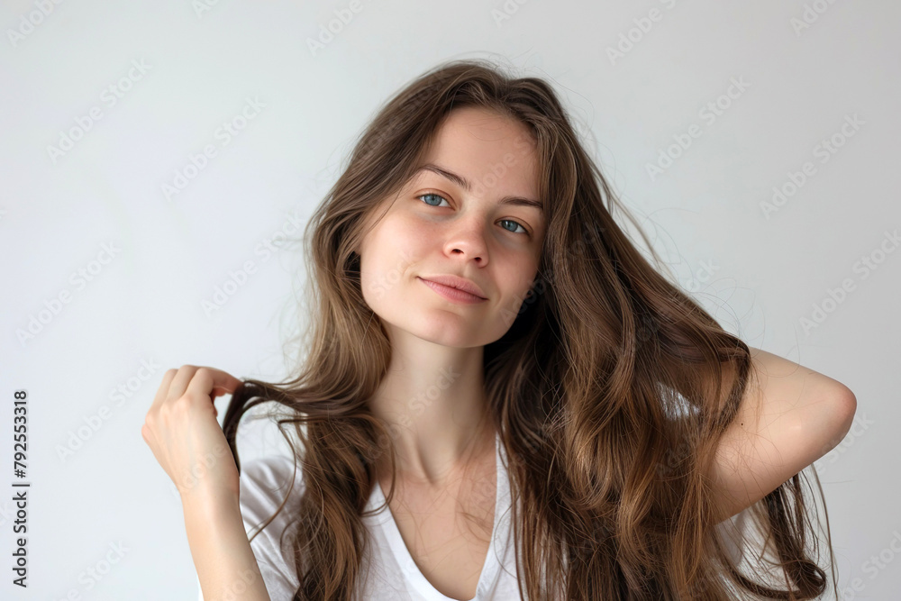 Portrait of a Smiling Young Woman with Brown Hair.Hair treatment concept Portrait of a Smiling Young Woman with Brown Hair.Hair treatment concept