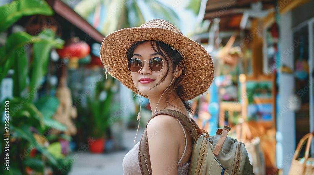 Within the calm surroundings of a coastal town, a young Asian traveler eagerly gets ready for her holiday expedition. Adorned in casual attire, she sports a straw beach hat and sunglasses