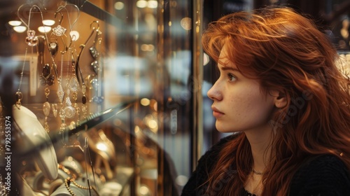 A woman with red hair is looking at a display of jewelry in a store