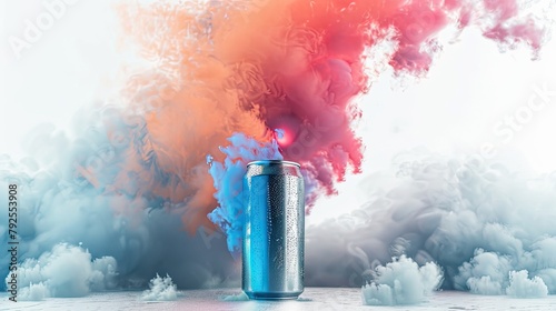 can mockup, beverage mock up with fruits background, soda can mockup, Plain white colour 355ml can, floating beverage can mockup with colorful background with ice cubes © Rozeena